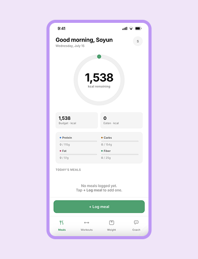 Weight loss coach app screenshot showing daily calorie budget and macros